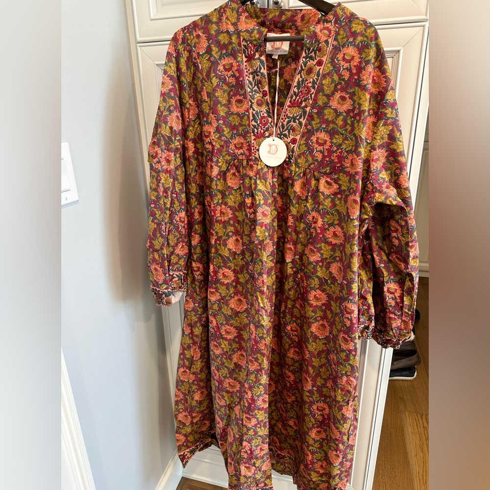 Victoria Dunn Floral Boho Tunic Dress in Coral, Olive & Navy
